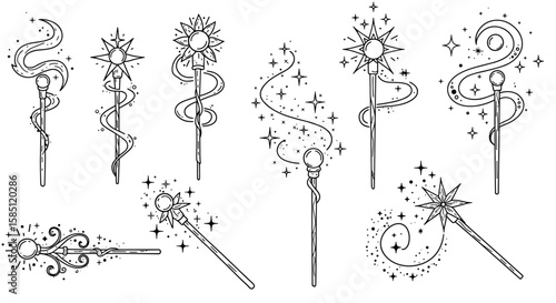 Magical wand collection with stars and swirls in hand-drawn style