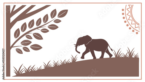 Silhouette of an elephant walking on a hill with grass and a tree with leaves in a decorative frame