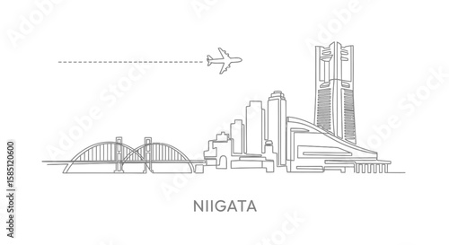 Niigata with Japan skyline Line art Airplane.