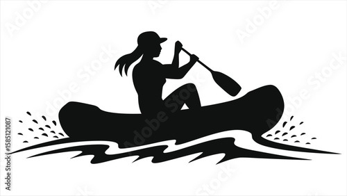 Female Kayaker/Canoeist Silhouette - Outdoor Water Sports & River Adventure Vector.