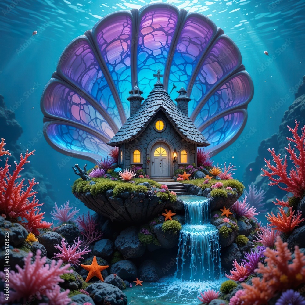 Obraz premium Fantastic underwater landscape with glowing shell houses and colorful coral gardens.