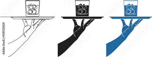 A minimalist design showcases a hand holding a tray with a glass of ice water in line art, silhouette, and color variations.