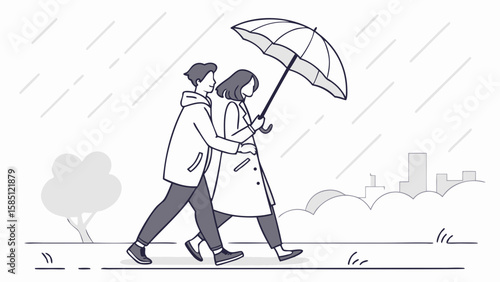 Rainy autumn picnic scene with umbrella and lovely crush