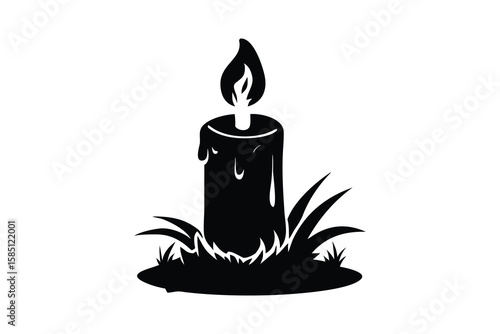 A black and white illustration of a melting candle, featuring a flame at the top and wax dripping down the cylindrical body. The candle rests on a bed of grass-like elements at its base. 