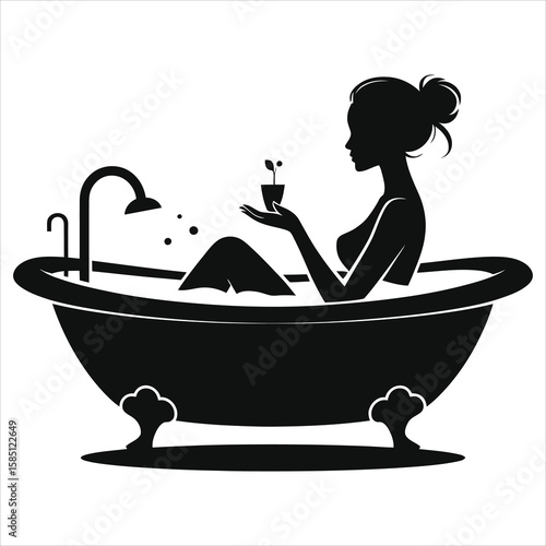 Woman Bathing with Plant Silhouette - Spa, Wellness & Self-Care Vector Art.