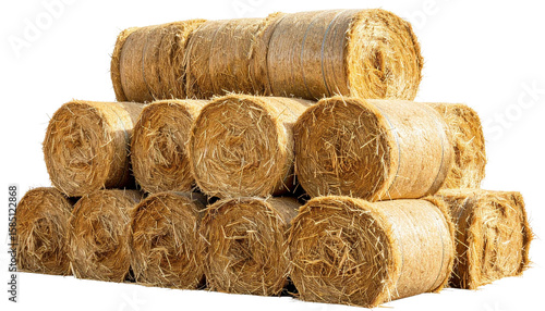  Stacked hay bales showcasing the natural texture and color, perfect for agricultural or rural-themed projects. isolated on white or transparent png 