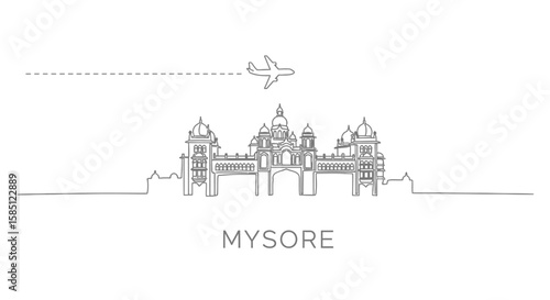 Mysore Skyline Airplane Travel Line Art.