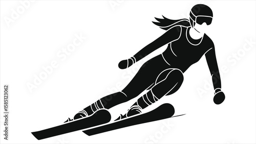Female Skier in Downhill Motion – Dynamic Black & White Illustration for Winter Sports Marketing, Athletic Brands, Ski Resort Promotions, or Active Lifestyle Content.