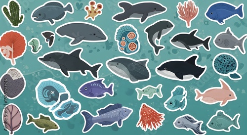 Various Colorful Marine Life Stickers Including Sharks and Fish on a Soft Blue Background