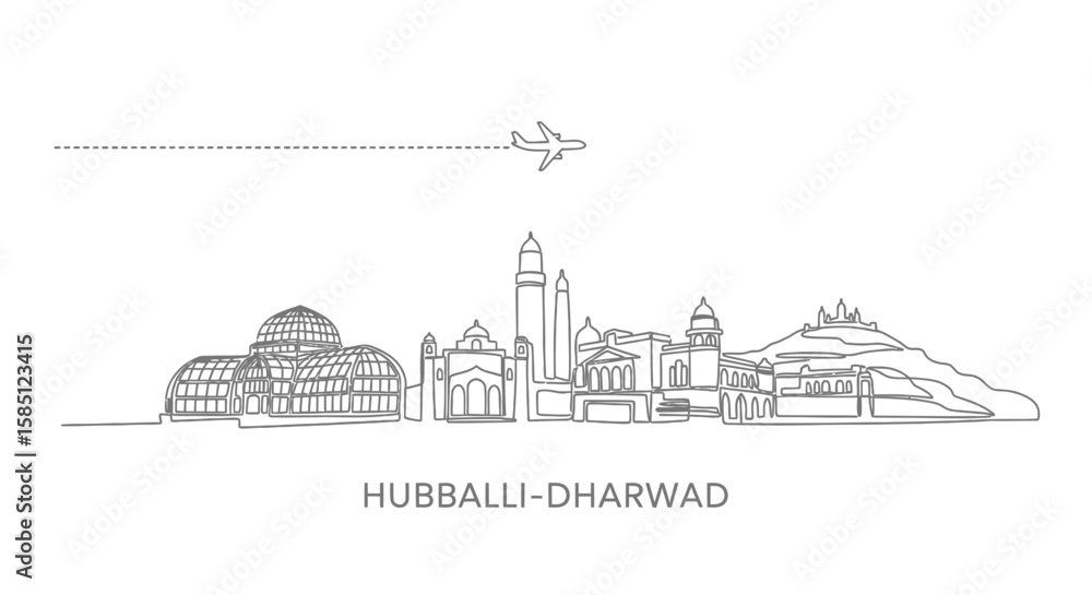 Fototapeta premium HubballiDharwad Skyline with India, Line Art, and Airplane.