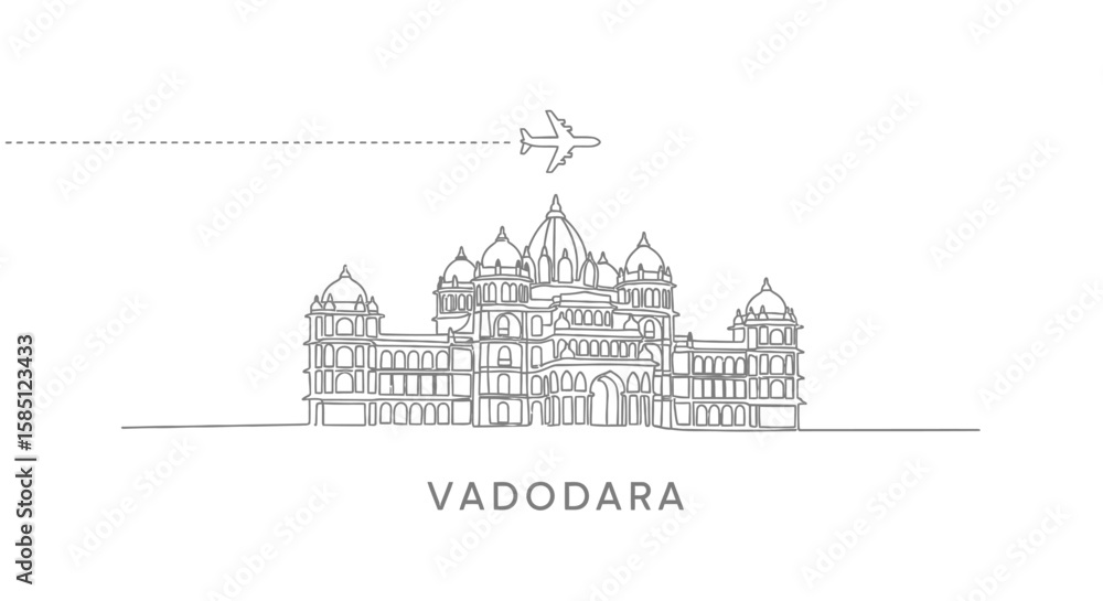 Fototapeta premium Vadodara Skyline with India Travel, Line Art, and Plane.