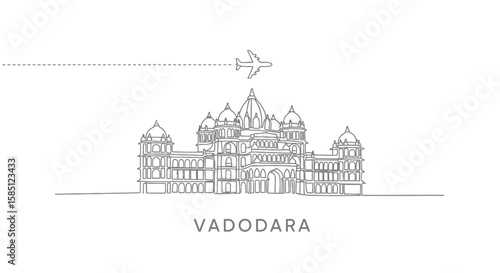 Vadodara Skyline with India Travel, Line Art, and Plane.