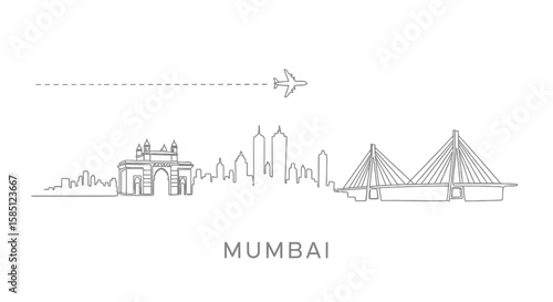 Mumbai skyline with travel, airplane, and simple line art.