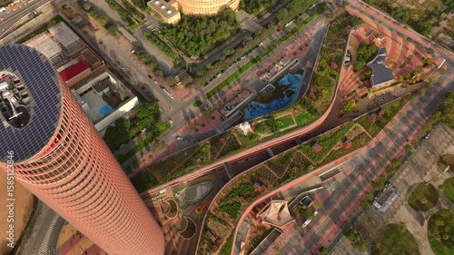 Seville tower, Aerial of Torre Seville. Modern District with Overgrown Ennobled Roof in Sevilla, Spain. Highest Building