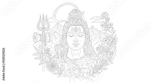 Shiva Line Art with Hinduism God, Mountains, and Spiritual.