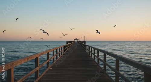 Wooden Pier Extending Over Tranquil Ocean Waters at Sunset with Birds Flying Above