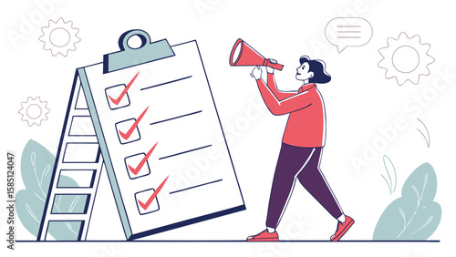 Woman using megaphone next to large checklist with checkmarks and ladder with decorative elements around it