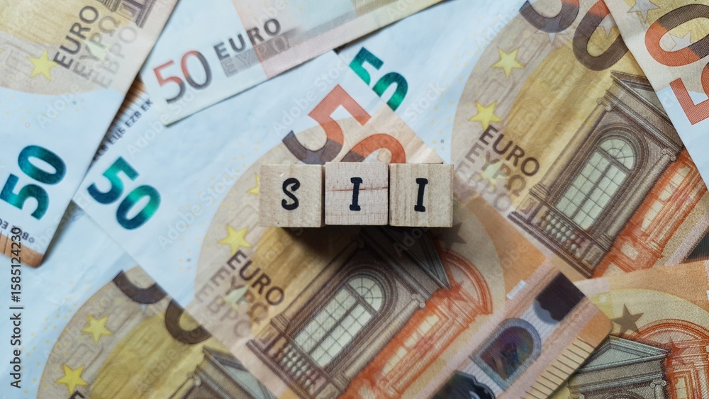 SII acronym made of wooden letter cubes on pile of Euro banknotes. Sistema di Interscambio (Interchange System for invoices in Italy) SII acronym made of wooden letter cubes on pile of Euro banknotes. Sistema di Interscambio (Interchange System for invoices in Italy)