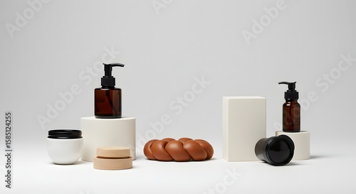 Minimalist Arrangement of Skincare Products on Geometric Platforms in Neutral Tones