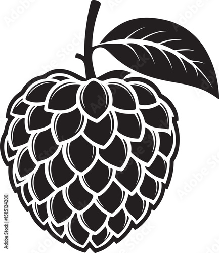 Black custard apple fruit with leaf vector icon silhouette