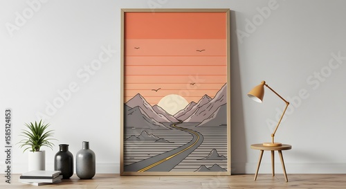 Modern Geometric Landscape Art Print Featuring Mountains and Sunset in Stylish Room Decor