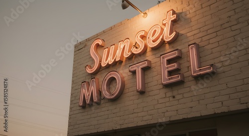 Vintage Neon Sunset Motel Sign Illuminated Against a Dusk Sky in an Urban Setting