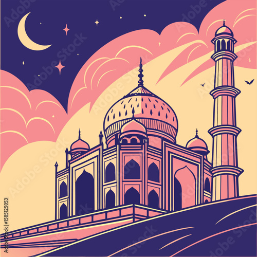 Illustration of the taj mahal at night with a crescent moon and stars in the sky above clouds