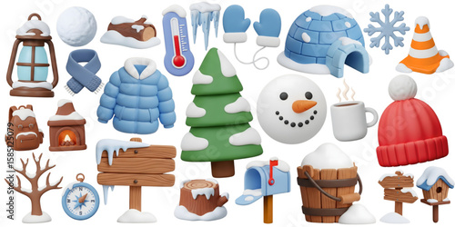 3D Winter Objects PNG Element Set on Transparent Background

