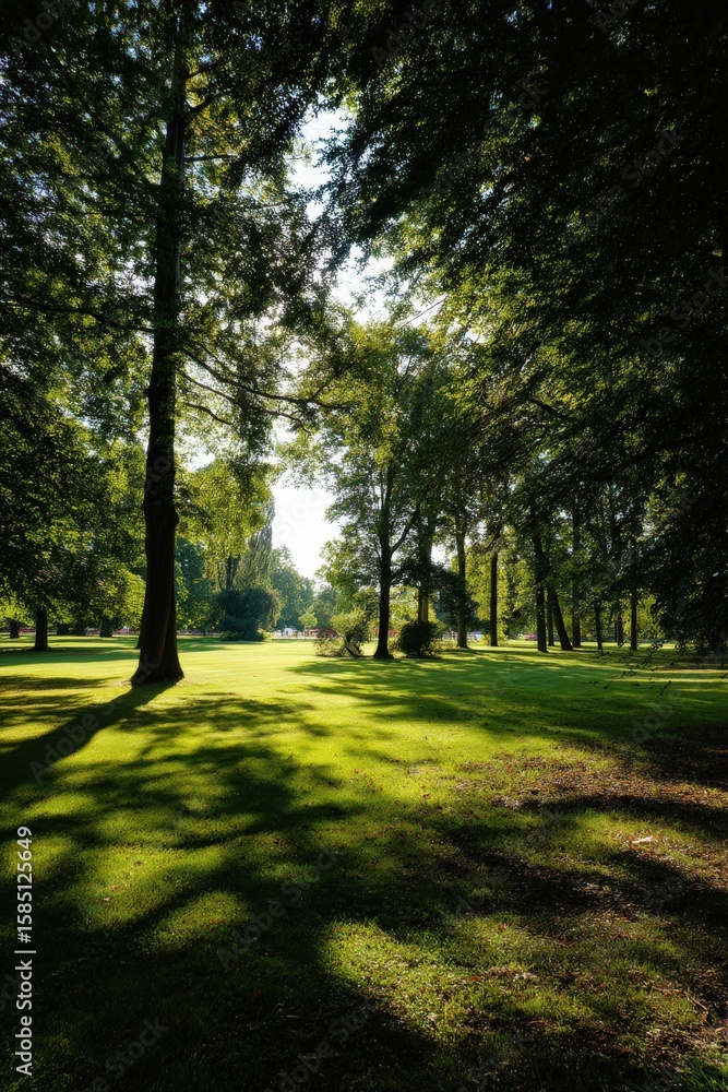 Obraz premium The sun shines through trees, casting shadows on the grass