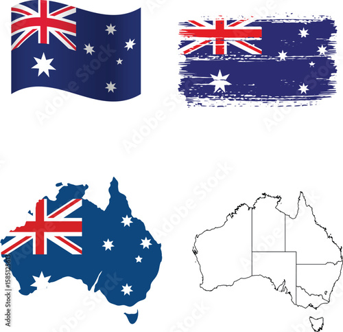 Australia flag and map design . wavy and rectangular flag design . 