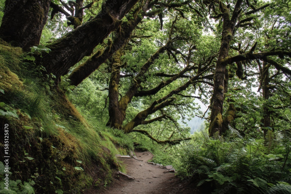 Fototapeta premium There is a serene path winding through a lush green forest