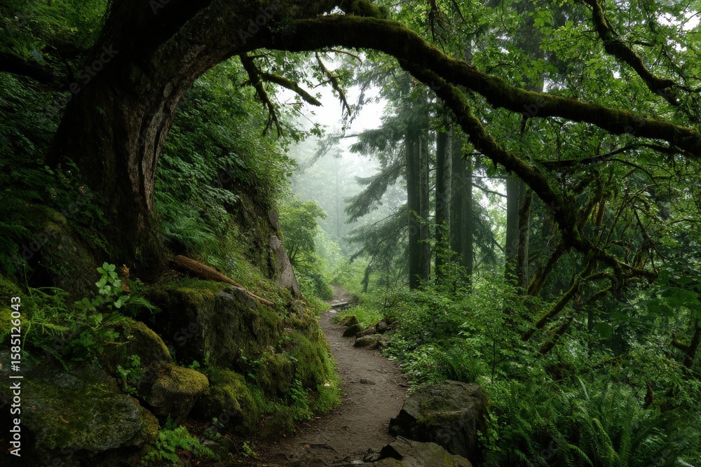 Fototapeta premium There is a serene path winding through a lush green forest