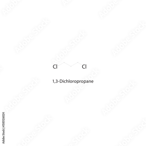 1,3-Dichloropropane skeletal structure. halogen alkane compound schematic illustration. Simple diagram, chemical formula.