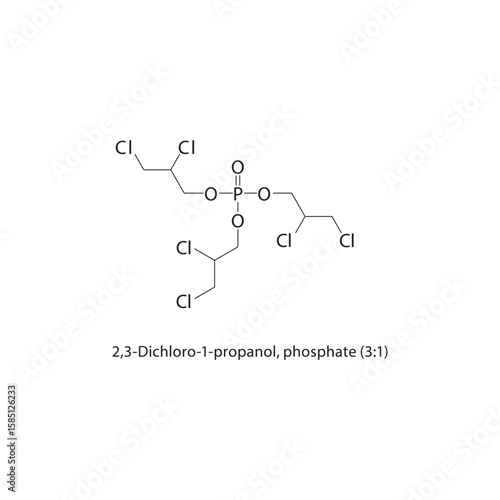 2,3-Dichloro-1-propanol, phosphate (3:1) skeletal structure. halogen phosphate compound schematic illustration. Simple diagram, chemical formula.