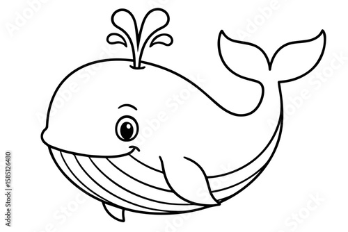Majestic Cartoon Whale Spouting Water Isolated Vector Coloring Page