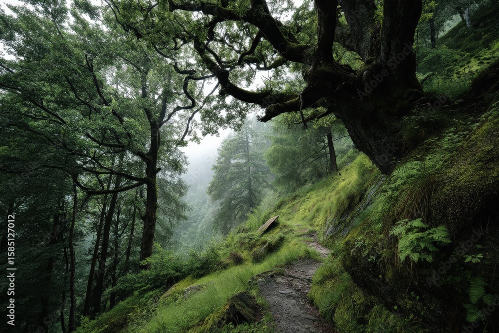 Obraz premium There is a serene path winding through a lush green forest