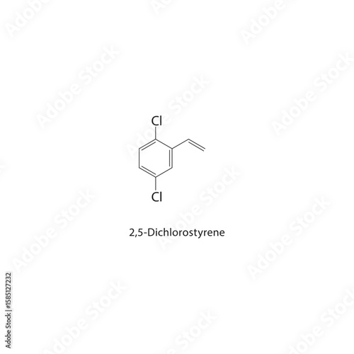 2,5-Dichlorostyrene skeletal structure. halogen styrene compound schematic illustration. Simple diagram, chemical formula.