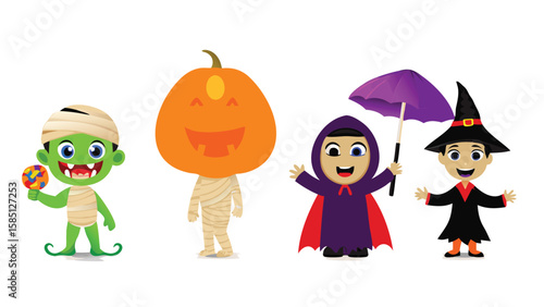 Cartoon halloween characters including a mummy pumpkin vampire and witch standing together happily