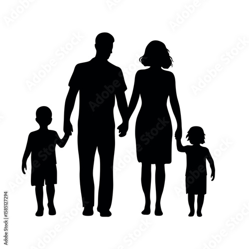Walking family silhouette with two small kids