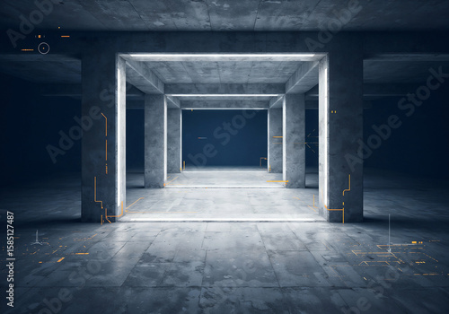 architectural construction abstract background with concrete columns lines and callouts . Generative AI