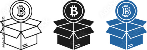 Three bitcoin coins rest atop open cardboard boxes in a simple graphic design, hinting at cryptocurrency value delivery.