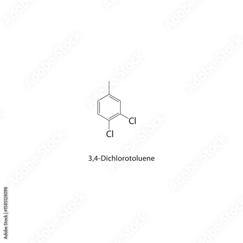 3,4-Dichlorotoluene skeletal structure. halogen toluene compound schematic illustration. Simple diagram, chemical formula.