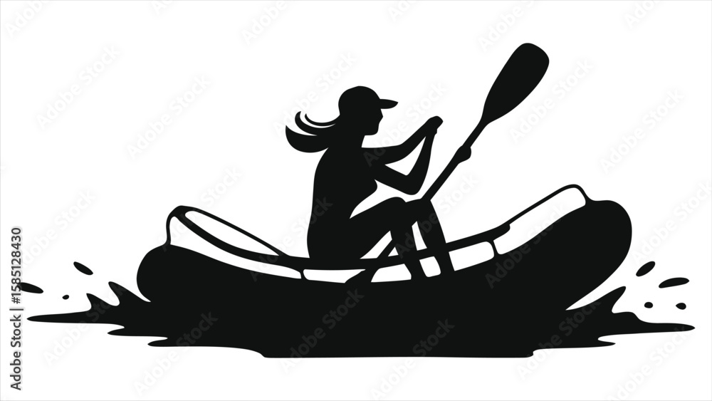 Woman Rafting Silhouette Vector - Adventurous Female Paddling Inflatable Boat on Water Splash Woman Rafting Silhouette Vector - Adventurous Female Paddling Inflatable Boat on Water Splash