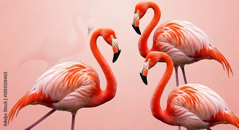 Obraz premium Flamingos Standing Together in a Group on Pink Background