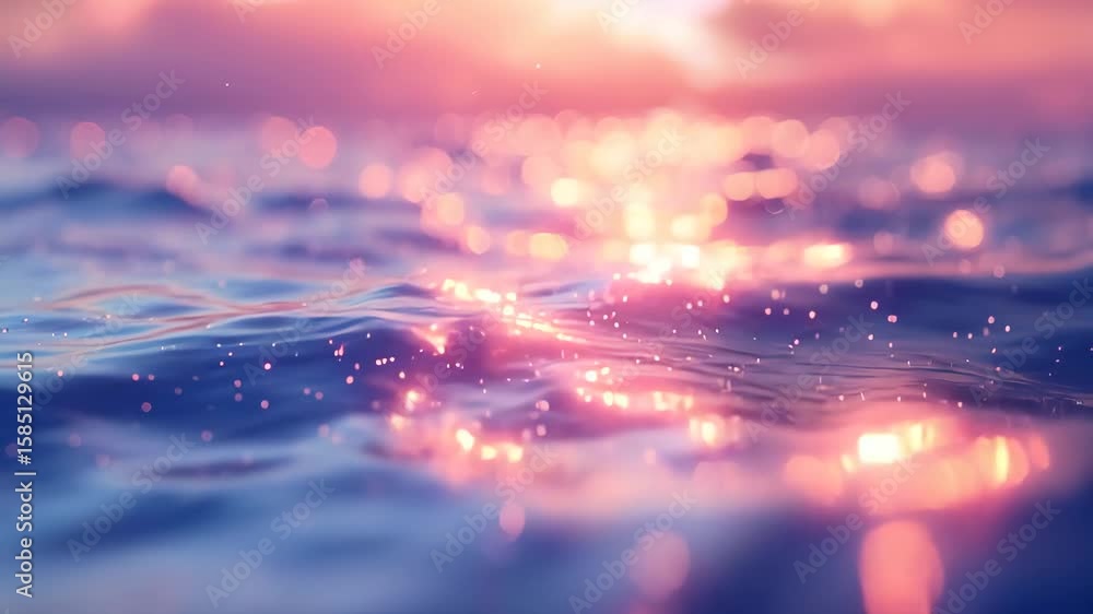 Serene Ocean Water with Sparkling Bokeh Lights at Sunset, Peaceful and Calming Video