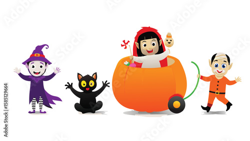 Cartoon halloween scene with witch, black cat, girl in pumpkin, and orange suited character image