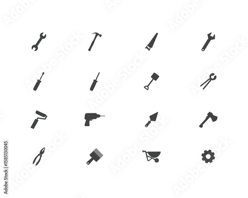 Set of tools icon. Working tools including hammer, wrench, screwdriver, saw, drill, pliers, roller, shovel, axe, and more. Perfect for construction, carpentry, repair and DIY.