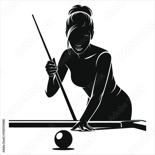 Stylish Woman Playing Billiards Silhouette Vector - Elegant Black & White Pool Player Illustration