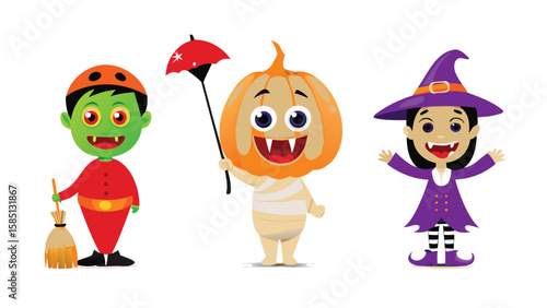Cartoon kids in halloween costumes with party decorations and confetti are celebrating happily