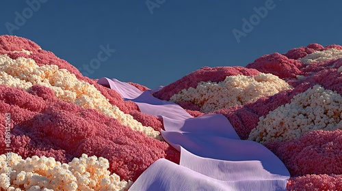 Fototapeta Naklejka Na Ścianę i Meble -  Wavy terrain adorned with dreamy flowers and elegant pastel ribbons in an imaginative garden world